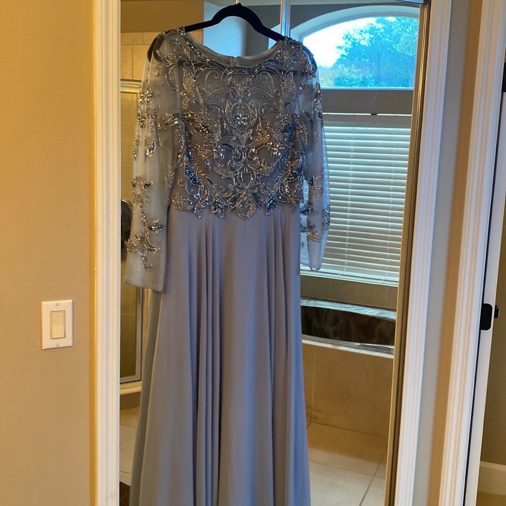 Round Neck Long Sleeve Floral Beaded Bodice Chiffon Gown
